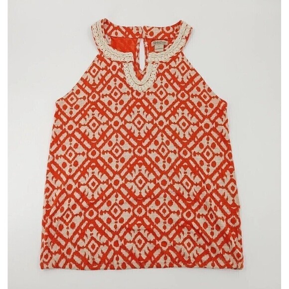 Lucky Brand Womens Top Medium Orange Ikat Print Halter Crochet Trim Boho Summer - Picture 1 of 9